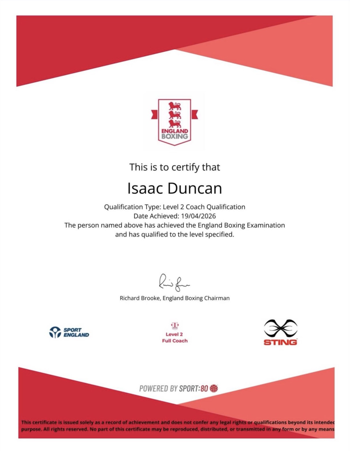 England Boxing Level 2 coaching licence